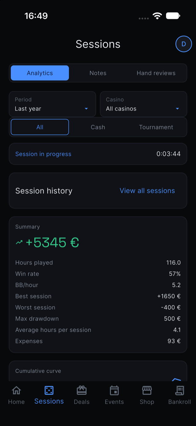 Analytics screen in the app, showing results, win rate and a cumulative curve