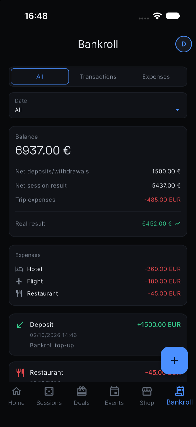 Bankroll screen in the app, showing balance, trip expenses and a deposit