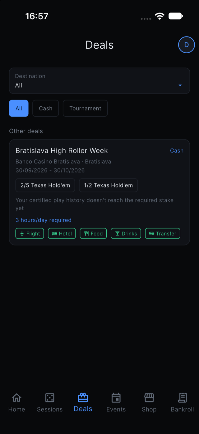 Deals screen in the app, showing a partner casino deal and its benefits