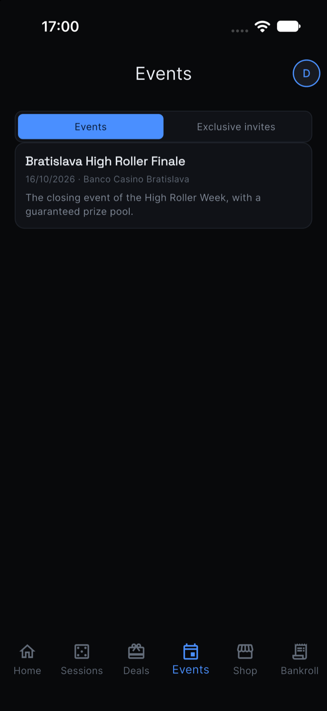Events screen in the app, showing an upcoming tournament listing