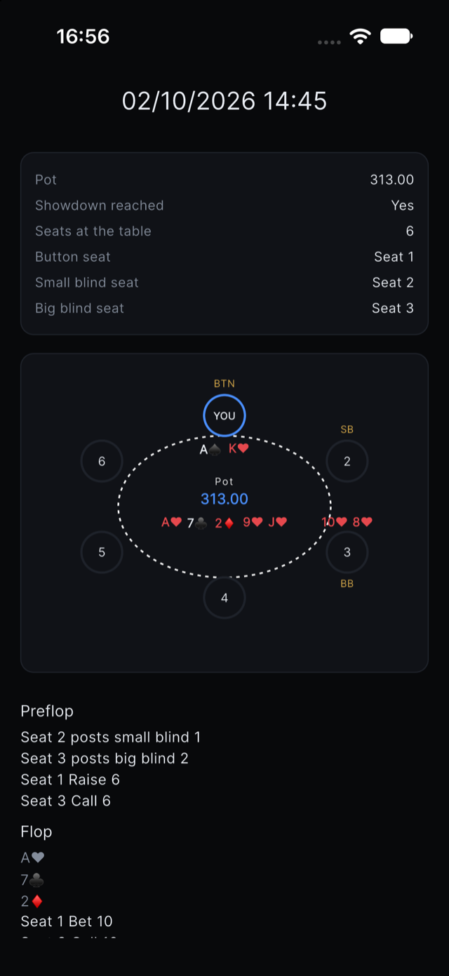 A tracked hand replay screen in the app, with the table, cards and action log