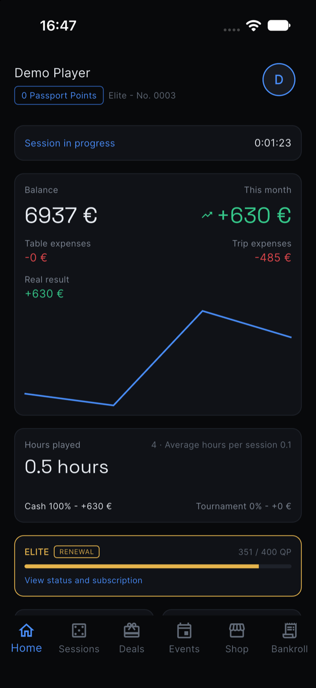 Home dashboard screen in the app, showing bankroll balance and monthly result