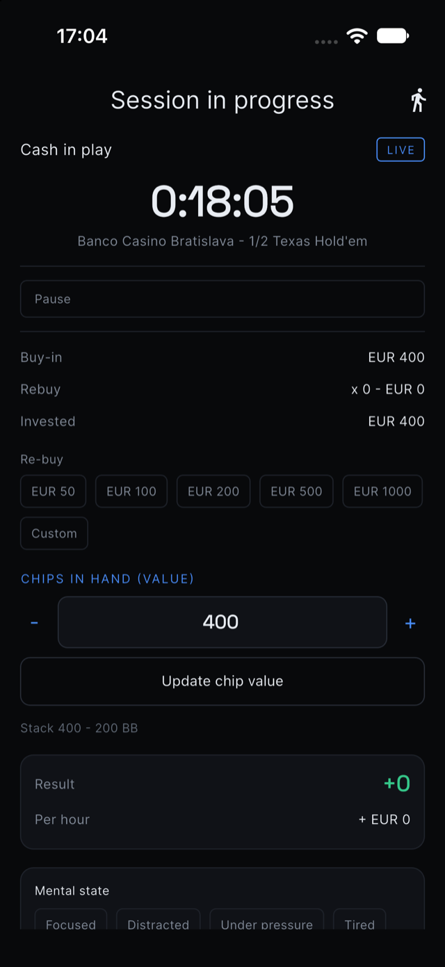 Live session screen in the app, showing a running timer and buy-in