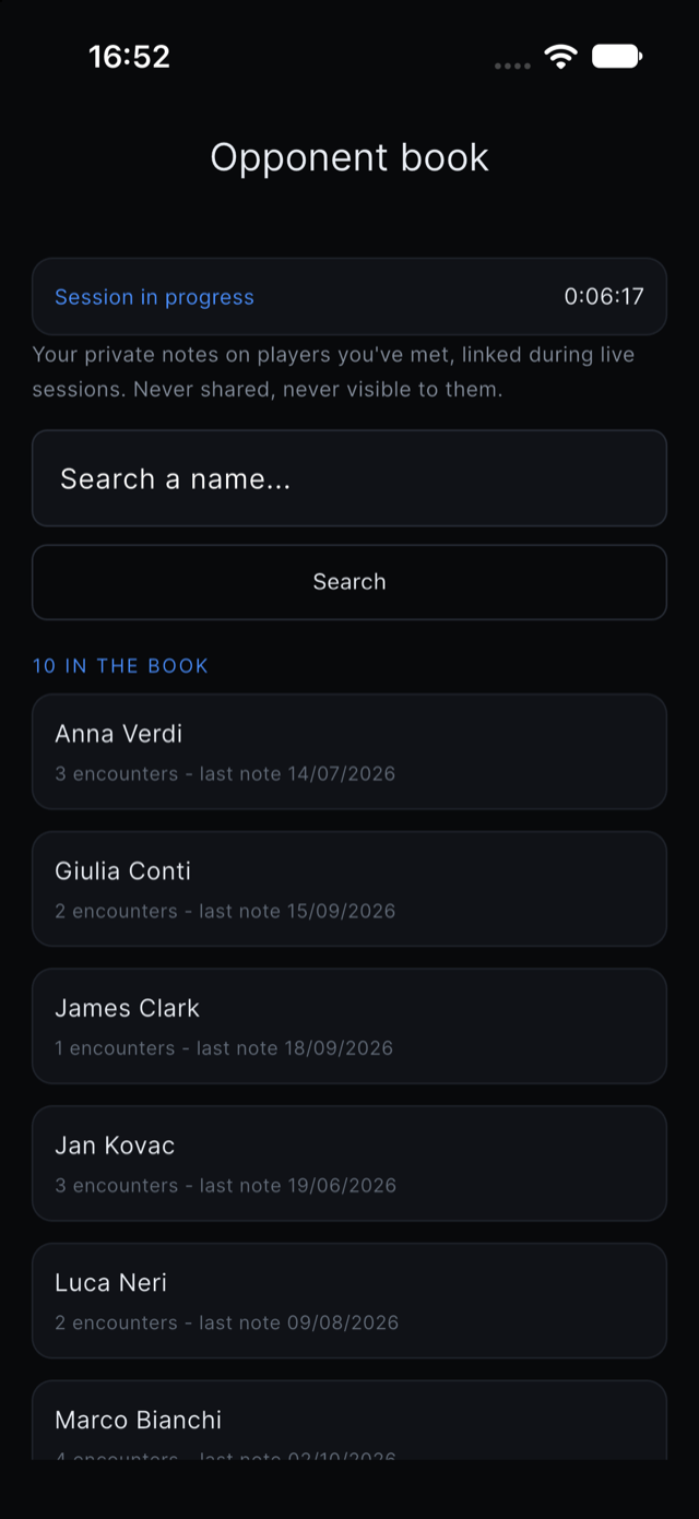 Opponent book screen in the app, showing saved private notes on players
