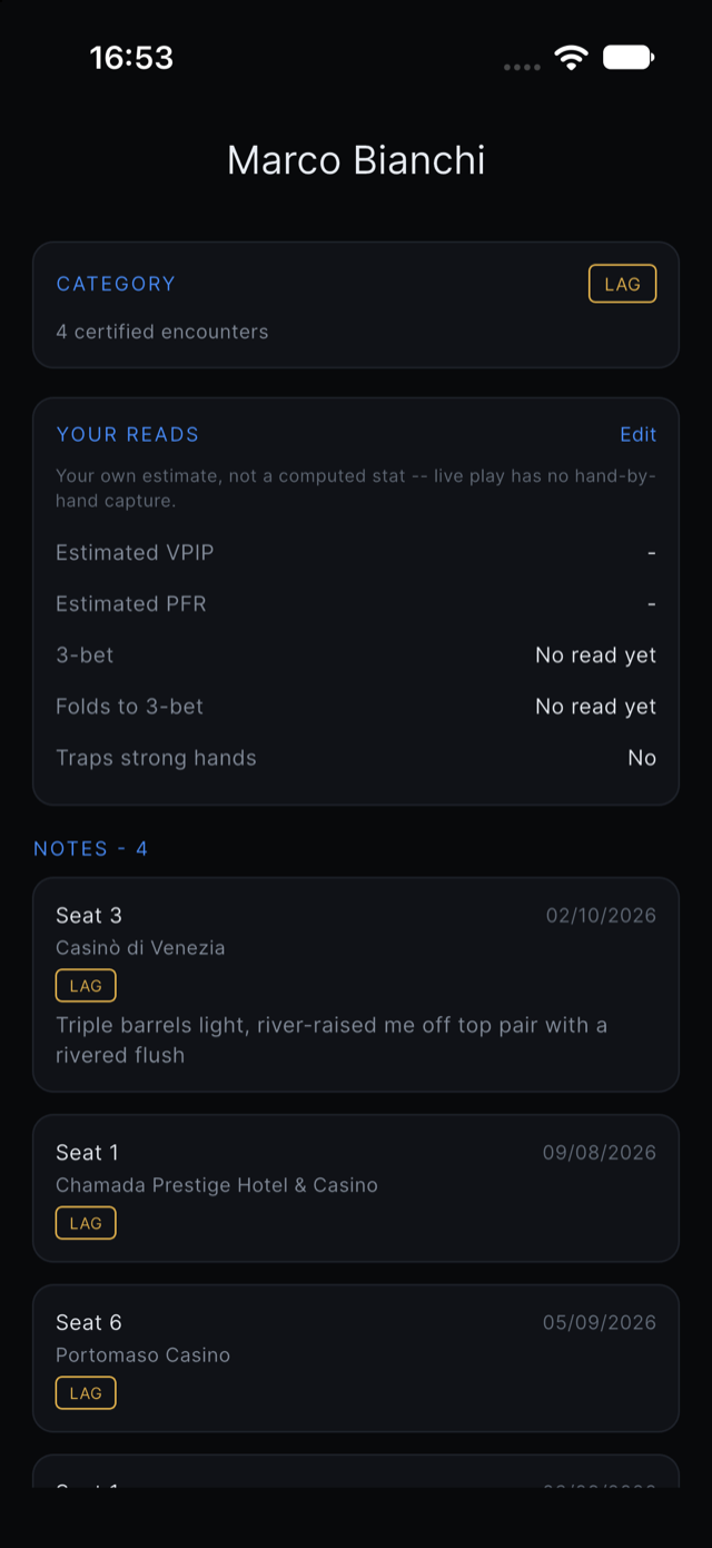 An opponent profile screen in the app, with reads and seat notes
