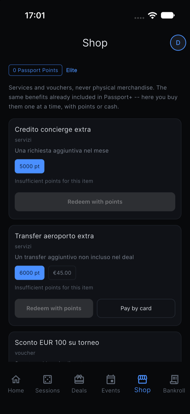 Shop screen in the app, showing services redeemable with points